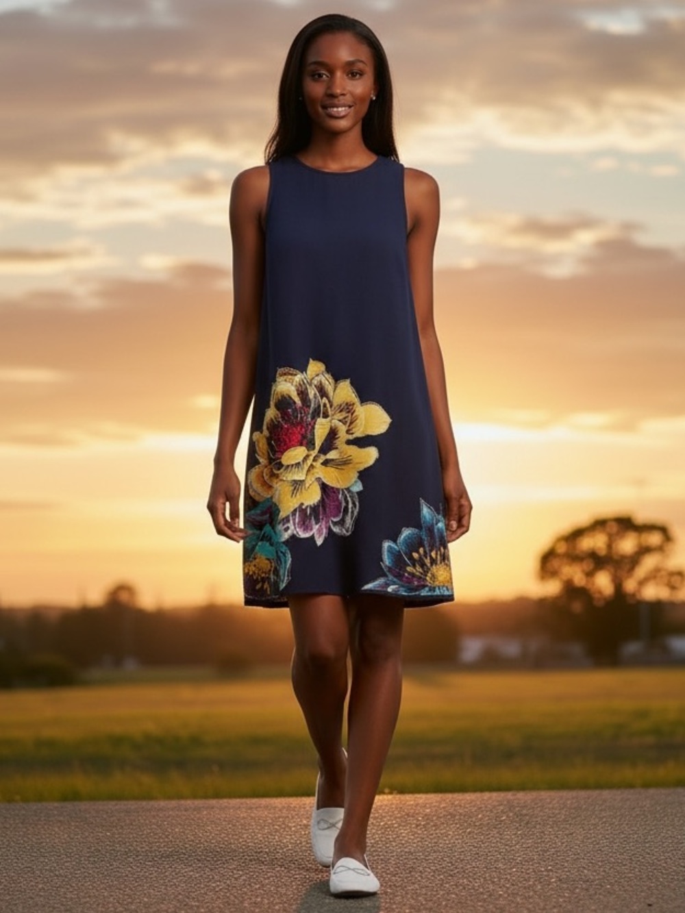Anthropologie Maeve Embroidered Navy Floral Sleeveless Shift Dress Medium